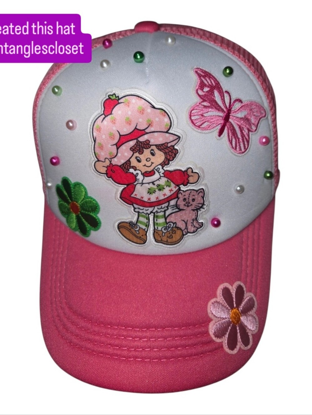 Pink Strawberry Shortcake Character Cap with Embroidered Flowers One Of A Kind